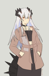 Rule 34 | 1girl, arkiwi, arknights, artist name, black choker, black shirt, black skirt, brown coat, choker, closed mouth, coat, commentary, dragon girl, dragon horns, dragon tail, earrings, english commentary, feather earrings, feathers, grey background, hand in pocket, highres, horns, jewelry, long hair, one eye closed, orange eyes, saria (arknights), shirt, simple background, skirt, solo, tail, white hair