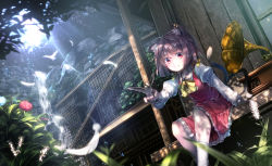 Rule 34 | 1girl, bird, bird on hand, chen, commentary, day, dutch angle, feathers, flower, grass, highres, hydrangea, light rays, looking at viewer, multiple tails, phonograph, revision, ryosios, sitting, solo, sunbeam, sunlight, tail, touhou, tree, two tails, veranda, water, waterfall
