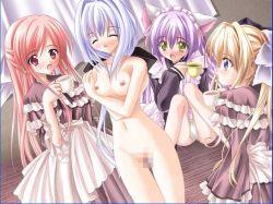 Rule 34 | 4girls, :o, animal ears, blonde hair, blue eyes, blush, bow, breasts, cafe little wish, cat ears, censored, ceres (cafe little wish), closed eyes, clothed female nude female, crossed arms, dress, game cg, karen (cafe little wish), long hair, merun, mina (cafe little wish), mosaic censoring, multiple girls, nipples, nude, open mouth, panties, pink eyes, pink hair, purple hair, pussy, small breasts, tinker bell (pixiv 10956015), underwear, white hair, white panties, yellow eyes