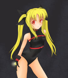 Rule 34 | 00s, 1girl, bad id, bad pixiv id, bardiche (nanoha), black background, black gloves, black leotard, blonde hair, blush, breasts, fate testarossa, gloves, hair ribbon, leotard, long hair, looking at viewer, lyrical nanoha, mahou shoujo lyrical nanoha, matoyama, red eyes, ribbon, simple background, small breasts, solo, standing, twintails
