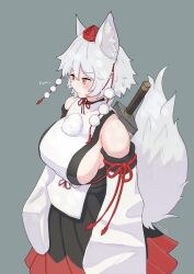 Rule 34 | 1girl, animal ears, breasts, detached sleeves, hat, highres, inubashiri momiji, large breasts, leaf, maple leaf, red eyes, short hair, sideboob, solo, sword, tail, tokin hat, touhou, warosufox, weapon, wolf ears, wolf girl, wolf tail