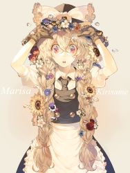 Rule 34 | 1girl, alternate hairstyle, apron, arms up, blonde hair, bow, braid, brown gloves, cats brain, character name, cowboy shot, flower, gloves, hair between eyes, hair flower, hair ornament, hat, hat bow, kirisame marisa, long hair, looking at viewer, necktie, open mouth, puffy short sleeves, puffy sleeves, red eyes, round teeth, short sleeves, solo, tareme, teeth, touhou, twin braids, upper body, very long hair, waist apron, water drop, witch hat