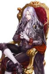 Rule 34 | 1boy, ascot, black footwear, black pants, blue eyes, cape, chair, fingers together, gloves, highres, long hair, looking at viewer, male focus, official art, pants, scar, scar on face, shoes, sigmund (soccer spirits), sitting, soccer spirits, solo, transparent background, white gloves, white hair, white legwear