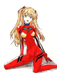 Rule 34 | 1girl, absurdres, artist request, blue eyes, bodysuit, brown hair, cowboy shot, curvy, hair between eyes, highres, long hair, looking at viewer, neon genesis evangelion, plugsuit, red bodysuit, shiny clothes, simple background, smile, solo, souryuu asuka langley, turtleneck, twintails, two side up, white background, wide hips
