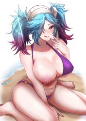 Rule 34 | 1girl, bikini, blue hair, breasts, fire emblem, fire emblem fates, hair over one eye, highres, looking at viewer, multicolored hair, nintendo, nipples, one breast out, one eye covered, peri (fire emblem), pink hair, red eyes, solo, swimsuit, tinnies