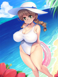 Rule 34 | 1girl, beach, breasts, brown hair, cleavage, flower, glasses, green eyes, hat, highres, large breasts, long hair, looking at viewer, ocean, one-piece swimsuit, outdoors, pool float, sand, smile, solo, standing, swimsuit, udonko072, wide hips