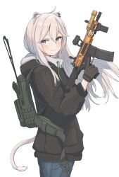 Rule 34 | 1girl, ahoge, animal ear fluff, animal ears, black jacket, blue pants, blush, closed mouth, commentary request, drawstring, ear piercing, eyebrows hidden by hair, grey eyes, grey hair, gun, hair between eyes, hand up, highres, holding, holding gun, holding weapon, hololive, hood, hood down, hooded jacket, jacket, lion ears, lion girl, lion tail, long hair, looking at viewer, looking to the side, okapi (yomaigoto), pants, piercing, shishiro botan, simple background, smile, solo, tail, very long hair, virtual youtuber, weapon, weapon request, white background