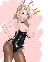 Rule 34 | 1girl, absurdres, animal ears, armpits, blonde hair, blue eyes, bow, bowtie, breasts, detached collar, fake animal ears, girls und panzer, hand on own hip, highres, kay (girls und panzer), large breasts, leaning forward, leotard, leotard pull, long hair, nipples, open mouth, pantyhose, playboy bunny, solo, surprised, wrist cuffs, yagiyama hituzi