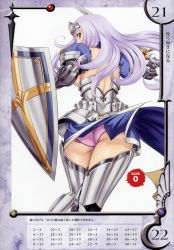 Rule 34 | 00s, 10s, 1girl, annelotte, annelotte (queen's blade), armor, armored dress, ass, breasts, eiwa, elbow gloves, frilled panties, frills, gloves, highres, knight princess annelotte, large breasts, long hair, looking back, panties, purple hair, purple panties, queen&#039;s blade, queen&#039;s blade rebellion, shield, sideboob, solo, sword, thighhighs, tiara, underwear, upskirt, weapon