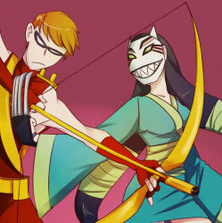 Rule 34 | 1boy, 1girl, archer (fate), arrow (projectile), assassin, black hair, bow (weapon), cartoon network, cat mask, cheshire, couple, dc comics, domino mask, fate (series), gloves, gradient background, jade nguyen, kyuura-jii, long hair, low-tied long hair, marksman, mask, orange hair, poison, red gloves, roy harper, speedy, teen titans, weapon