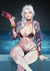 Rule 34 | 1girl, abs, absurdres, asymmetrical hair, bikini, black nail polish, black nails, braid, braided ponytail, breasts, calling card, card, carmilla (fate), carmilla (swimsuit rider) (fate), chain, choker, cirenk, cleavage, collarbone, crossed legs, eyewear on head, fate/grand order, fate (series), female focus, hair between eyes, hair over shoulder, highres, holding, holding card, large breasts, long hair, looking at viewer, navel, night, night sky, parted lips, phantom thief, pool, poolside, shawl, simple background, sitting, sky, solo, stomach, sunglasses, swimsuit, teeth, toned, toned female, toned stomach, two-piece swimsuit, white hair, wristband, yellow eyes