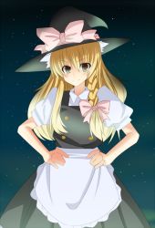 Rule 34 | 1girl, apron, bad id, bad pixiv id, blonde hair, female focus, gradient background, hands on own hips, hat, kirisame marisa, outdoors, short sleeves, sky, solo, touhou, witch, witch hat, yoshida (rodeo)