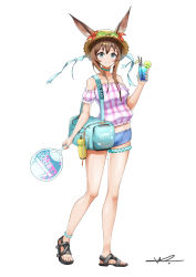 Rule 34 | 1girl, absurdres, amiya (arknights), animal ears, arknights, bag, bare legs, bare shoulders, blue eyes, blue shorts, breasts, brown hair, cocktail umbrella, commentary, cup, drinking glass, drinking straw, ears through headwear, eyewear on headwear, food, fruit, full body, hand fan, hand up, hat, highres, holding, holding cup, holding fan, lime (fruit), lime slice, long hair, looking at viewer, midriff peek, off-shoulder shirt, off shoulder, paper fan, pink shirt, puffy short sleeves, puffy sleeves, rabbit ears, sandals, shirt, short shorts, short sleeves, shorts, shuni valentine, signature, simple background, small breasts, smile, solo, standing, striped clothes, striped shirt, sun hat, thighlet, thighs, uchiwa, vertical-striped clothes, vertical-striped shirt, white background
