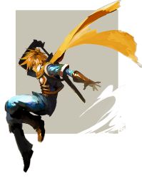 Rule 34 | 1boy, armor, blonde hair, boots, brown footwear, full body, gloves, golden sun, lechuza, male focus, outstretched arm, profile, isaac (golden sun), scarf, solo, spiked hair, sword, weapon, weapon on back