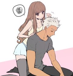 Rule 34 | 1boy, 1girl, archer (fate), arm up, bare shoulders, black pants, blue skirt, breasts, brown eyes, brown hair, cleavage, closed eyes, closed mouth, collarbone, commentary request, couple, dark-skinned male, dark skin, fate/extra, fate/extra ccc, fate (series), from side, grey shirt, grey thighhighs, hand on another&#039;s shoulder, hetero, kishinami hakuno (female), kokemomomi, long hair, looking at another, pants, shirt, short hair, sidelocks, simple background, sitting, skirt, sleeveless, sleeveless shirt, small breasts, smile, spiked hair, t-shirt, thighhighs, toned, toned male, white background, white hair, white shirt