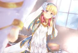 Rule 34 | 1girl, arm at side, blonde hair, blunt bangs, blurry, blush, breasts, brown eyes, church, clenched hand, couple, depth of field, dress, dutch angle, earrings, eyebrows, floor, flower, gem, hair ornament, hairclip, hetero, indoors, jewelry, kousetsu, light particles, long hair, long sleeves, looking at another, looking at viewer, necklace, out of frame, raguna, rosetta, rune factory, rune factory 1, rune factory frontier, small breasts, smile, solo focus, tassel, tassel earrings, triangle, veil, wedding, wedding dress, white flower, wide sleeves, window