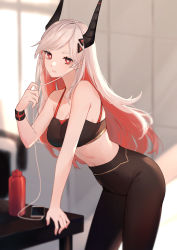Rule 34 | 1girl, black leggings, bottle, breasts, bright pupils, cellphone, cleavage, colored inner hair, commentary, earbuds, earphones, english commentary, hair behind ear, highres, horns, juwei, leaning forward, leggings, long hair, looking at viewer, mahou arms, medium breasts, midriff, multicolored hair, navel, phone, red hair, smartphone, solo, sports bra, water bottle, white hair, white pupils, xerxes (mahou arms)