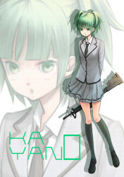 Rule 34 | 10s, 1girl, ansatsu kyoushitsu, assault rifle, black socks, character name, ebito, full body, green eyes, green hair, green socks, gun, kayano kaede, kneehighs, loafers, long legs, matching hair/eyes, necktie, open mouth, rifle, school uniform, shoes, short twintails, simple background, skirt, socks, solo, standing, twintails, weapon, white background, zoom layer