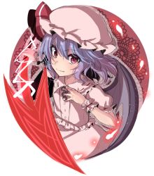 Rule 34 | 1girl, asa (coco), bat wings, blue hair, dress, fang, frilled shirt, frilled shirt collar, frilled sleeves, frills, hat, hat ribbon, looking at viewer, mob cap, outside border, pink dress, puffy short sleeves, puffy sleeves, red eyes, red ribbon, remilia scarlet, ribbon, round image, shirt, short sleeves, skirt, skirt set, smile, solo, spear the gungnir, touhou, upper body, wings