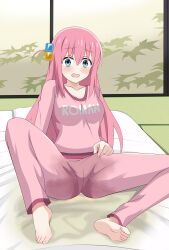 Rule 34 | 1girl, absurdres, barefoot, bedwetting, bocchi the rock!, cube hair ornament, embarrassed, gotoh hitori, hair ornament, highres, kiniro tofu, long hair, long sleeves, looking down, open mouth, pajamas, peeing, peeing self, pink hair, pink pajamas, waking up