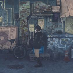 Rule 34 | 1girl, alley, bicycle, black cat, black footwear, black hair, black hoodie, black mask, black skirt, black socks, bob cut, boots, buckle, building, can, canopy (shelter), cat, cellphone, commentary request, concrete, ear piercing, from side, gensuke (ryun), graffiti, grey eyes, hand in pocket, highres, hood, hoodie, kneehighs, long sleeves, mask, mouth mask, original, phone, piercing, pleated skirt, puffy sleeves, short hair, skirt, smartphone, socks, solo, standing, strong zero, talking on phone, traffic cone