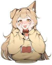 Rule 34 | 1girl, animal ears, blush, breasts, brown eyes, brown hair, closed mouth, collar, collarbone, dog ears, dog girl, fangs, fangs out, hands on own face, highres, hood, hoodie, large breasts, long hair, long sleeves, looking at viewer, original, saru (monkey magic3), simple background, smile, solo, tongue, tongue out, upper body, white background