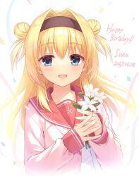 Rule 34 | 1girl, 2023, :d, black hairband, blonde hair, blue eyes, blush, breasts, character name, chitose sana, cofetaru, commentary request, confetti, dated, double bun, eyelashes, eyes visible through hair, fingernails, floating hair, flower, hair between eyes, hair bun, hair intakes, hairband, hands up, happy, happy birthday, highres, holding, holding flower, long hair, looking at viewer, neckerchief, open mouth, own hands together, pink shirt, red sailor collar, sailor collar, school uniform, serafuku, shirt, sidelocks, simple background, sleeves past wrists, small breasts, smile, solo, straight-on, tenshinranman, two side up, upper body, white background, white flower, white neckerchief