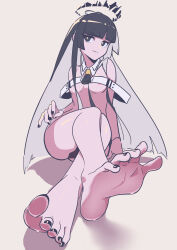 Rule 34 | 1girl, absurdres, ahoge, antenna hair, arknights, ascot, bare legs, bare shoulders, barefoot, black ascot, black eyes, black hair, black halo, black nails, black panties, blunt bangs, breasts, broken halo, clothing cutout, commentary, covered erect nipples, crossed legs, dark halo, feet, foot focus, foreshortening, full body, gluteal fold, grey hair, halo, hand on own hip, highres, hime cut, legs, long hair, looking to the side, medium breasts, multicolored hair, nail polish, naughty face, navel cutout, nipples, panties, partially undressed, applying pedicure, shadow, sidelocks, simple background, sitting, soles, solo, sweat, thighs, toenail polish, toenails, toes, underboob, underwear, very long hair, virtuosa (arknights), wakamoto zenko, yellow background