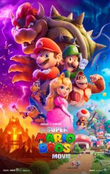 Rule 34 | 1girl, 6+boys, blonde hair, bowser, castle, copyright name, donkey kong, facial hair, flexing, goomba, highres, kamek, koopa general, koopa paratroopa, logo, looking at viewer, luigi, mario, mario (series), movie poster, multiple boys, mustache, nintendo, official art, overalls, princess peach, princess peach&#039;s castle, smile, spiked shell, the super mario bros. movie, thick eyebrows, toad (mario), wand, wings