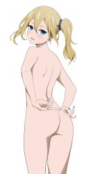 Rule 34 | 1girl, absurdres, ass, back, bare shoulders, blonde hair, blue eyes, blue nails, completely nude, coro fae, cowboy shot, from behind, hair ornament, hair scrunchie, hayasaka ai, highres, kaguya-sama wa kokurasetai ~tensai-tachi no renai zunousen~, long hair, looking at viewer, looking back, nude, open mouth, scrunchie, side ponytail, simple background, smile, solo, thighs, white background