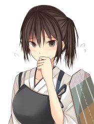 Rule 34 | 10s, 1girl, bad id, bad twitter id, blush, brown eyes, brown hair, covering own mouth, flying sweatdrops, japanese clothes, kaga (kancolle), kanpyo (hghgkenfany), kantai collection, looking at viewer, muneate, short hair, side ponytail, solo, upper body, white background