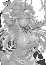 Rule 34 | 0002koko, 1girl, absurdres, bow, breasts, cleavage, collarbone, dress, elbow gloves, extra eyes, gloves, hair bow, hands up, hat, highres, large breasts, long hair, looking at viewer, mob cap, monochrome, open mouth, smile, solo, touhou, yakumo yukari