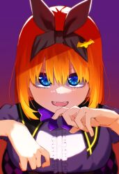 Rule 34 | absurdres, airo, alternate costume, bat hair ornament, black collar, black ribbon, blue eyes, bow, breasts, center frills, close-up, collar, commentary, double-parted bangs, eyebrows hidden by hair, eyelashes, fangs, frills, go-toubun no hanayome, hair between eyes, hair ornament, hair ribbon, halloween, halloween costume, highres, large breasts, looking at viewer, medium hair, nakano yotsuba, open mouth, orange hair, paw pose, purple background, purple bow, ribbon, shirt, simple background, smile, straight-on, straight hair, upturned eyes, v-shaped eyebrows, white shirt, wing collar