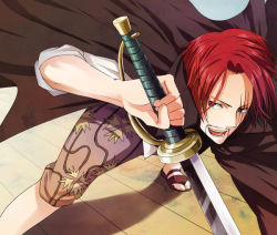 Rule 34 | 1boy, amputee, black jacket, facial hair, fighting stance, grey eyes, jacket, jacket on shoulders, male focus, one piece, open mouth, red hair, saber (weapon), sandals, scar, shanks (one piece), shirt, solo, sword, weapon, white shirt, wooden floor