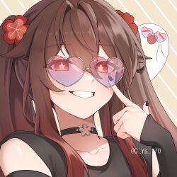Rule 34 | 1girl, black choker, black nails, blush, boo tao (genshin impact), brown hair, choker, collarbone, flower, flower-shaped pupils, genshin impact, ghost, glasses, gya (144), hair between eyes, heart, heart-shaped eyewear, hu tao (genshin impact), long hair, long sleeves, looking at viewer, plum blossoms, red eyes, smile, solo, symbol-shaped pupils, twintails
