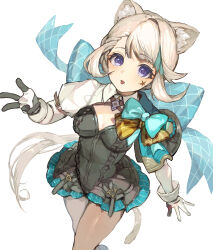 Rule 34 | 1girl, animal ear fluff, animal ears, blue bow, blue dress, bow, breasts, cat ears, cat girl, cat tail, cleavage cutout, clothing cutout, collared dress, dress, genshin impact, gloves, grey hair, highres, long hair, looking at viewer, lynette (genshin impact), medium breasts, open mouth, purple eyes, simple background, smile, solo, standing, star (symbol), tail, white background, yellow bow, yoruhachi