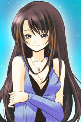 Rule 34 | 1990s (style), 1girl, bare shoulders, black eyes, black hair, breasts, cleavage, detached sleeves, dipper magic, female focus, final fantasy, final fantasy viii, gradient background, hoshino (nia hoshino), jewelry, long hair, multicolored hair, necklace, retro artstyle, rinoa heartilly, solo, streaked hair