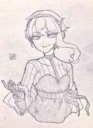 Rule 34 | 1girl, ahoge, bracelet, breasts, cevio, character name, closed mouth, collarbone, commentary request, cropped torso, dress, gloves, graphite (medium), greyscale, half-closed eyes, half gloves, hand up, headset, highres, jewelry, looking at viewer, monochrome, sash, see-through, see-through sleeves, shawl, short hair with long locks, simple background, single sidelock, small breasts, smile, solo, toriniku29, traditional media, underbust, upper body, vocaloid, voiceroid, yuzuki yukari, yuzuki yukari (rei)