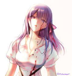 Rule 34 | 1girl, blood, blood on face, breasts, cleavage, collarbone, dress, fate/stay night, fate (series), hair ribbon, heaven&#039;s feel, highres, large breasts, long hair, looking at viewer, matou sakura, mintes, official alternate costume, open mouth, parted lips, purple eyes, purple hair, ribbon, short sleeves, simple background, white background, white dress
