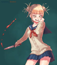 Rule 34 | 1girl, artist name, blonde hair, blood, blood splatter, bloody knife, blue sailor collar, blue skirt, blunt bangs, boku no hero academia, breasts, cardigan, commentary, cowboy shot, curled fingers, double bun, english commentary, eyelashes, floating clothes, green background, hair bun, hair up, hand on own cheek, hand on own face, holding, holding knife, holding weapon, kikino, knife, long sleeves, looking at viewer, medium breasts, messy hair, neckerchief, open mouth, patreon username, plaid, plaid skirt, pleated skirt, red neckerchief, sailor collar, sanpaku, school uniform, serafuku, sidelocks, skirt, slit pupils, smile, solo, standing, teeth, toga himiko, weapon, yellow cardigan, yellow eyes