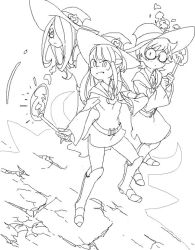 Rule 34 | 10s, 3girls, bags under eyes, belt, boots, cosmic bear, curly hair, dress, freckles, glasses, greyscale, hair over one eye, hat, hood, hoodie, kagari atsuko, knee boots, lineart, little witch academia, long dress, long hair, lotte jansson, magic, magical girl, miniskirt, monochrome, multiple girls, ponytail, shadow, short hair, side slit, skirt, sucy manbavaran, wand, wide sleeves, witch, witch hat