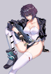 Rule 34 | 1girl, arm support, belt, black gloves, breasts, cleavage, commentary request, feet out of frame, fingerless gloves, ghost in the shell, gloves, gun, highleg, highleg leotard, highres, holding, holding gun, holding weapon, jacket, knee up, kusanagi motoko, leather, leather jacket, leotard, medium breasts, open clothes, open jacket, outstretched leg, parted lips, purple hair, red eyes, rifle, shin guards, shoes, short hair, sitting, solo, takanashi ringo, thighhighs, trigger discipline, weapon, white leotard, white thighhighs