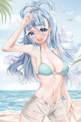 Rule 34 | 1girl, :d, absurdres, arm up, armpits, bare arms, bare shoulders, beach, bikini, blue bikini, blue eyes, blue hair, breasts, cleavage, cowboy shot, day, halterneck, highres, holoh3ro, hololive, hololive indonesia, kobo kanaeru, long hair, looking at viewer, medium breasts, navel, ocean, open fly, open mouth, outdoors, short shorts, shorts, smile, solo, stomach, string bikini, suisen (suisenhwa), swimsuit, virtual youtuber, white shorts