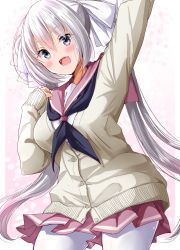Rule 34 | 1girl, :d, arm up, black neckerchief, blush, bow, breasts, cardigan, grey cardigan, hair between eyes, hair bow, highres, long hair, long sleeves, looking at viewer, medium breasts, mokufuu, neckerchief, open mouth, original, pantyhose, pink sailor collar, pink skirt, pleated skirt, purple eyes, sailor collar, shirt, silver hair, skirt, sleeves past wrists, smile, solo, twintails, very long hair, white bow, white pantyhose, white shirt
