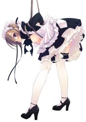 Rule 34 | 1girl, apron, bdsm, bent over, blush, bondage, bound, breasts, breasts out, brown hair, dress, f-ism, frills, full body, hair ribbon, hanging breasts, high heels, highres, leaning forward, looking at viewer, maid, maid apron, maid headdress, murakami suigun, nipples, original, purple eyes, restrained, ribbon, shoes, simple background, solo, standing, tears, thighhighs