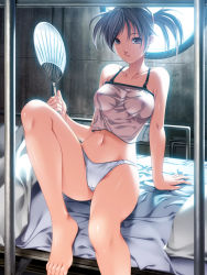 Rule 34 | 1girl, arm support, bad id, bad pixiv id, barefoot, bed, black hair, breasts, breasts apart, cameltoe, camisole, hand fan, feet, leg lift, leg up, legs, long legs, midriff, navel, nipples, original, panties, paper fan, rezi, see-through, short hair, short twintails, sitting, skinny, slender, solo, thighs, twintails, uchiwa, underwear, white panties