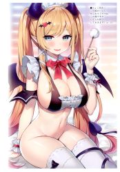Rule 34 | 1girl, absurdres, arm support, ayamy, blonde hair, blue eyes, blush, breasts, cleavage, demon tail, fang, fingernails, gradient hair, hair ornament, highres, holding, hololive, horns, large breasts, looking at another, looking at viewer, maid headdress, multicolored hair, navel, no panties, open mouth, pointy ears, scan, shiny skin, simple background, skin fang, solo, stomach, tail, thighhighs, thighs, twintails, virtual youtuber, wrist cuffs, yuzuki choco, yuzuki choco (maid)