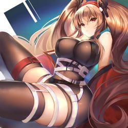 Rule 34 | 1girl, angelina (arknights), angelina (distinguished visitor) (arknights), arknights, bad id, bad pixiv id, bare shoulders, belt, black thighhighs, breasts, brown hair, commentary, curvy, hair between eyes, hairband, kernel killer, large breasts, long hair, looking at viewer, official alternate costume, red eyes, red hairband, sitting, sleeveless, solo, thick thighs, thighhighs, thighs, twintails, very long hair, white belt
