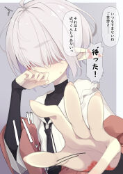 Rule 34 | 1girl, ^^^, ahoge, black dress, burn scar, commentary request, covered collarbone, covered mouth, dress, facing viewer, fingernails, grey background, grey hair, hair over eyes, hands up, highres, layered sleeves, long sleeves, ogami kazuki, original, pointy ears, scar, sleeves past wrists, solo, sweat, thick eyebrows, translation request, two-tone background, upper body, v-shaped eyebrows, white background, white dress, wide sleeves