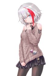 Rule 34 | 1girl, admiral graf spee (azur lane), admiral graf spee (daily peaceful life) (azur lane), admiral graf spee (peaceful daily life) (azur lane), aran sweater, azur lane, black pantyhose, black skirt, blue eyes, blunt bangs, blush, breasts, cable knit, cellphone, commentary request, highres, looking at viewer, multicolored hair, no tail, p.i.t.d, pantyhose, phone, red hair, short hair, sidelocks, silver hair, simple background, skirt, small breasts, solo, streaked hair, sweater, white background